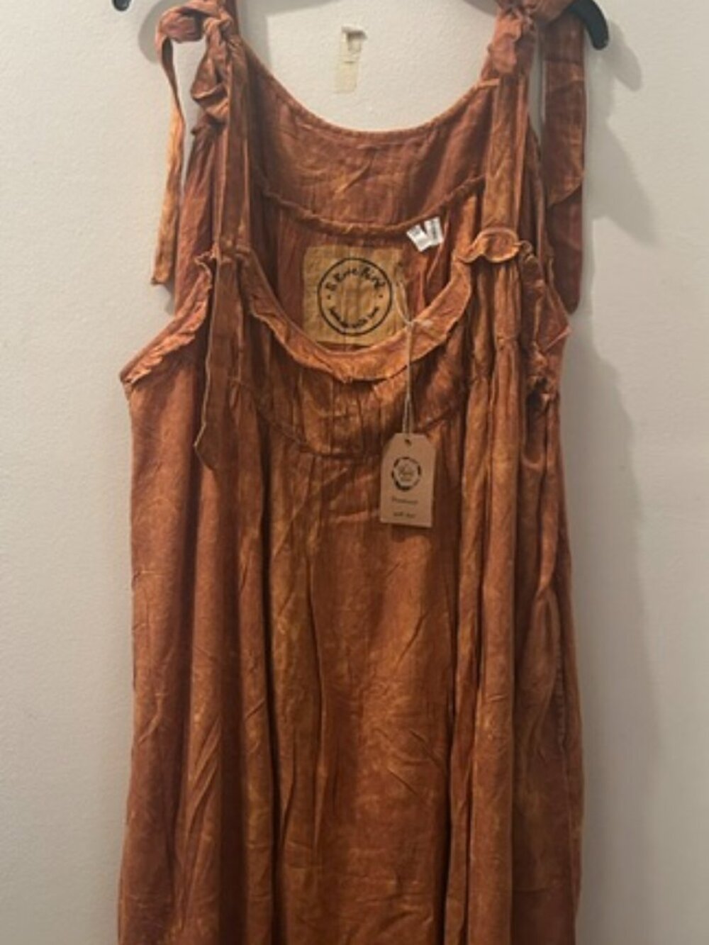 A Rare Bird Rust Tie Shoulders Ruffled Scoop Neck Flowing Distressed Maxi Dress